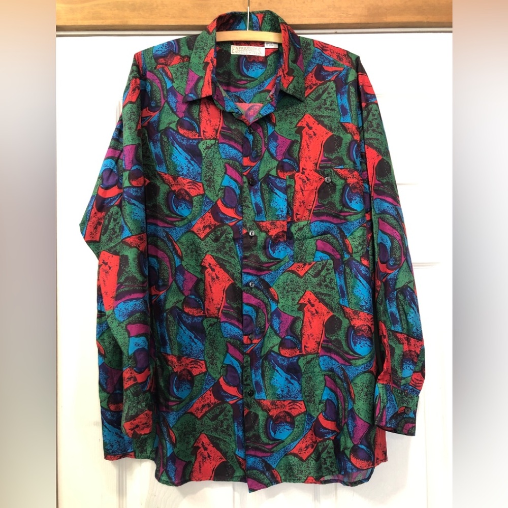 Silk Button Up Abstract Medium Button Down‎ Dress Shirt Colorful (A45)